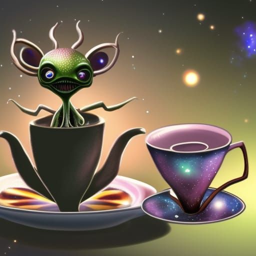 Alien Creature in Teacup Gazing at Spiral Galaxy