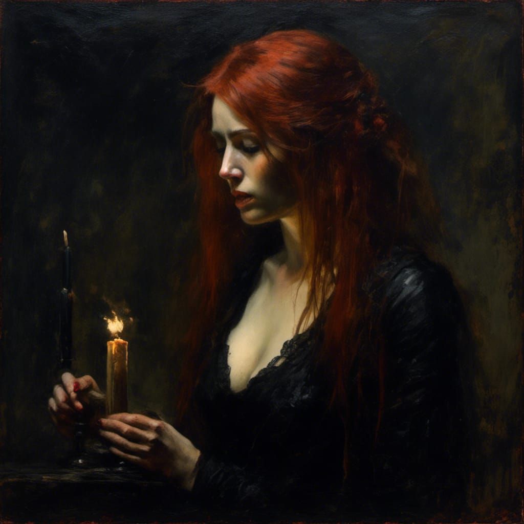 Mourning Woman in Candlelight, Macabre Art