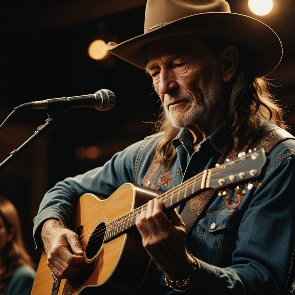 Willie Nelson Performs Intensely on a Dimly Lit Stage in a C...