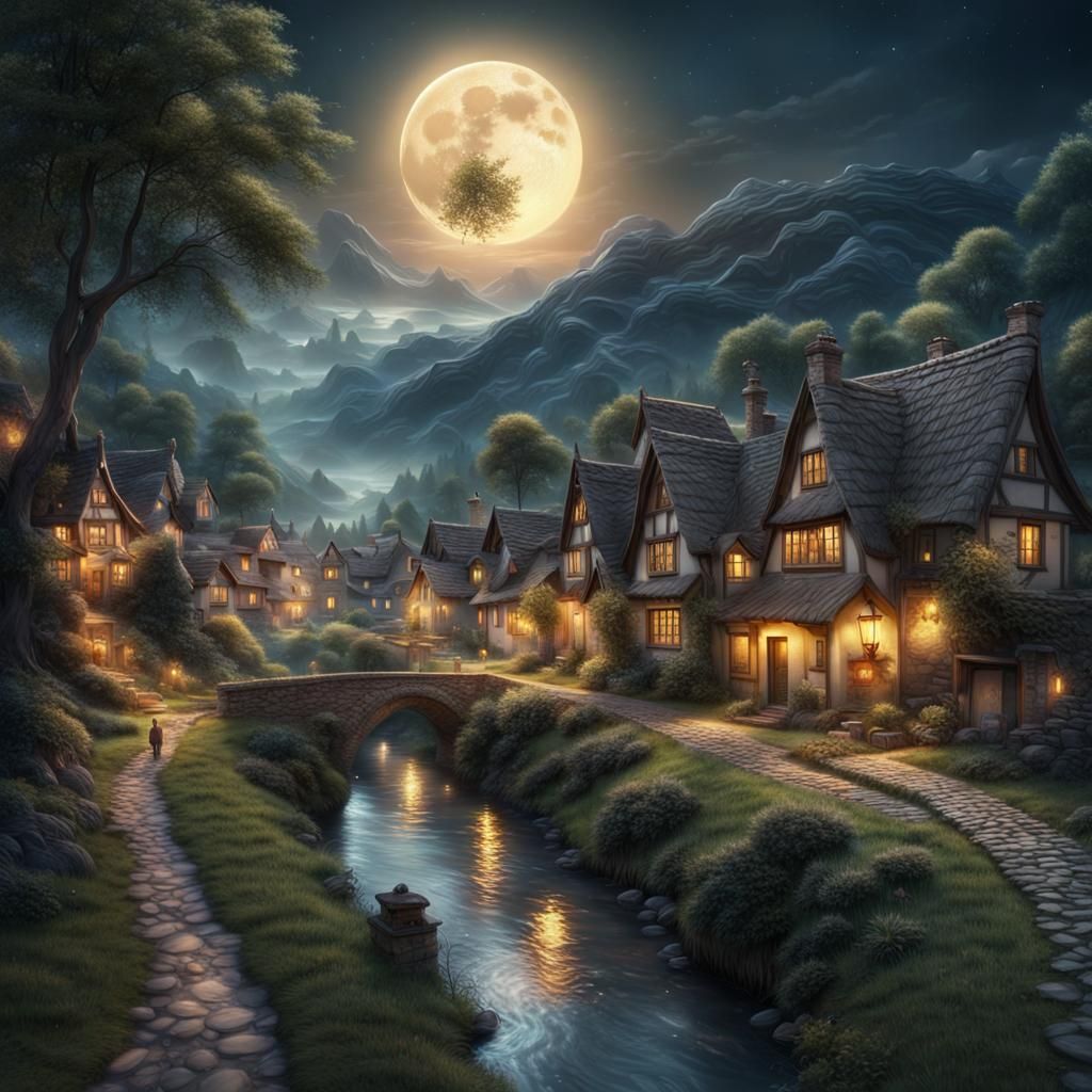 Moonlit Village: A Detailed Digital Matte Painting