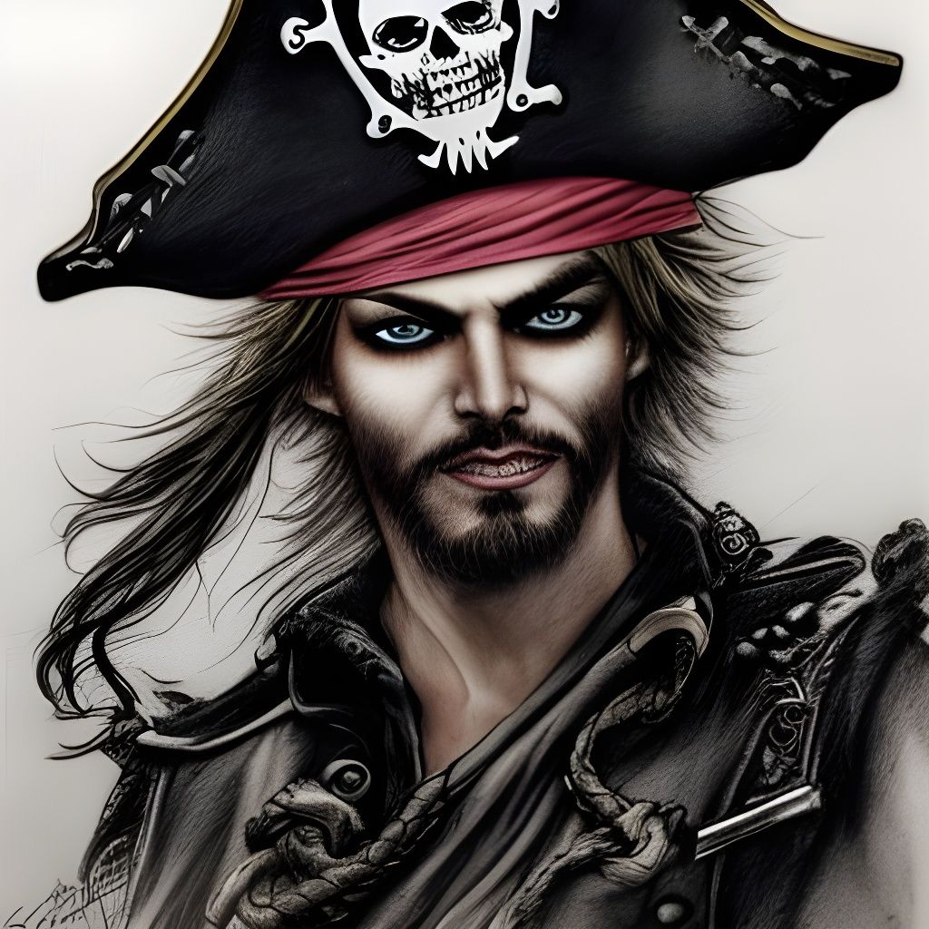 Handsome Pirate Captain Portrait in Pencil Drawing Style