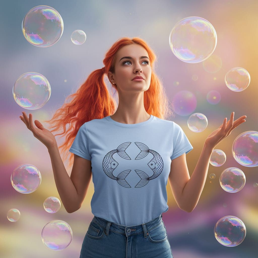 Enchanting Woman Among Soap Bubbles in a Dreamy Landscape