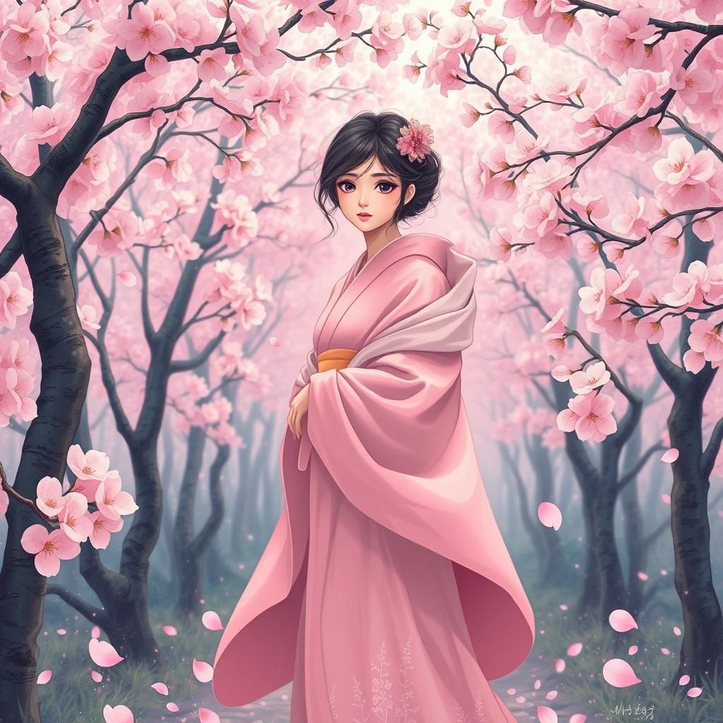 Woman in Kimono in Mystical Cherry Blossom Forest