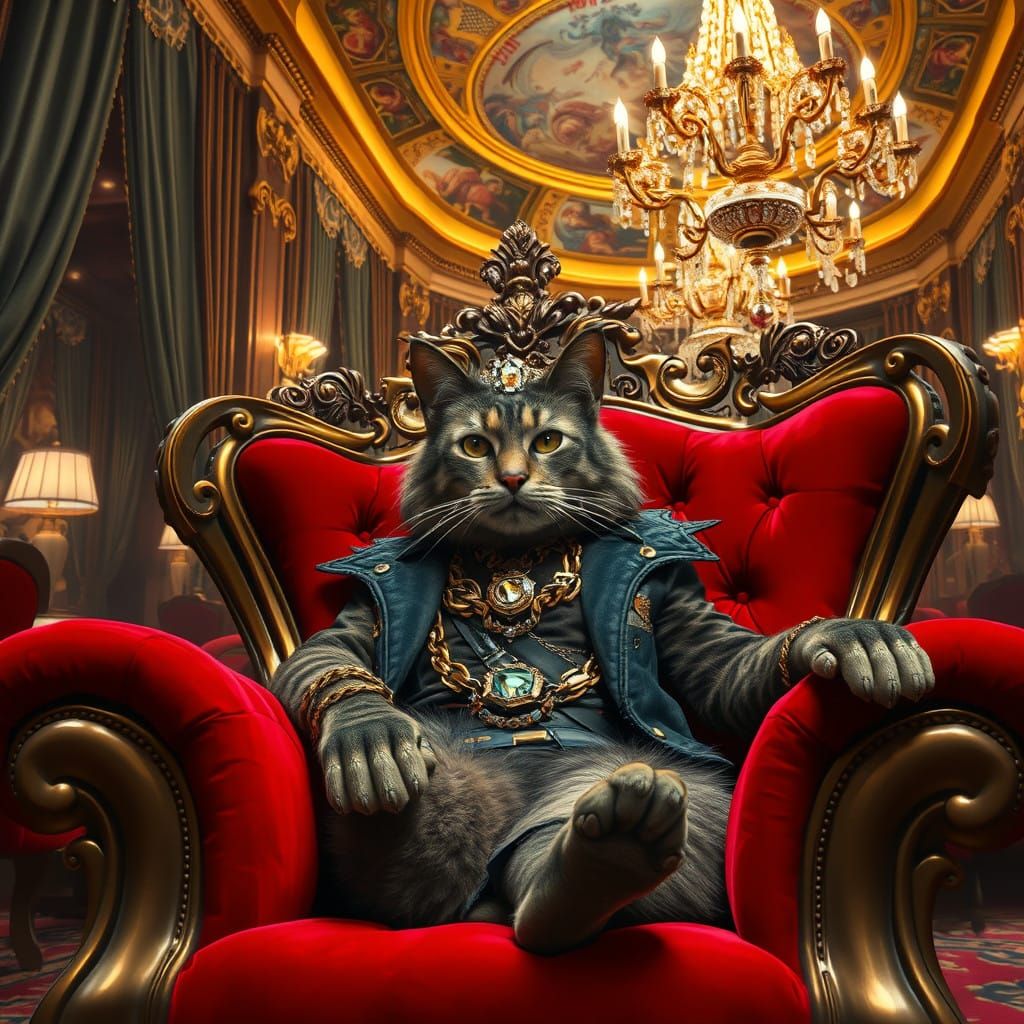 Regal Feline Crime Lord in Opulent Nightclub
