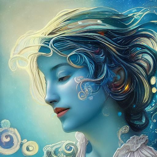 Ethereal Figure Embracing Celestial Ocean: Art Nouveau Portr...