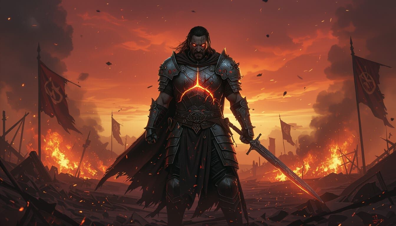 Warrior on Burning Battlefield in Dark Fantasy Style