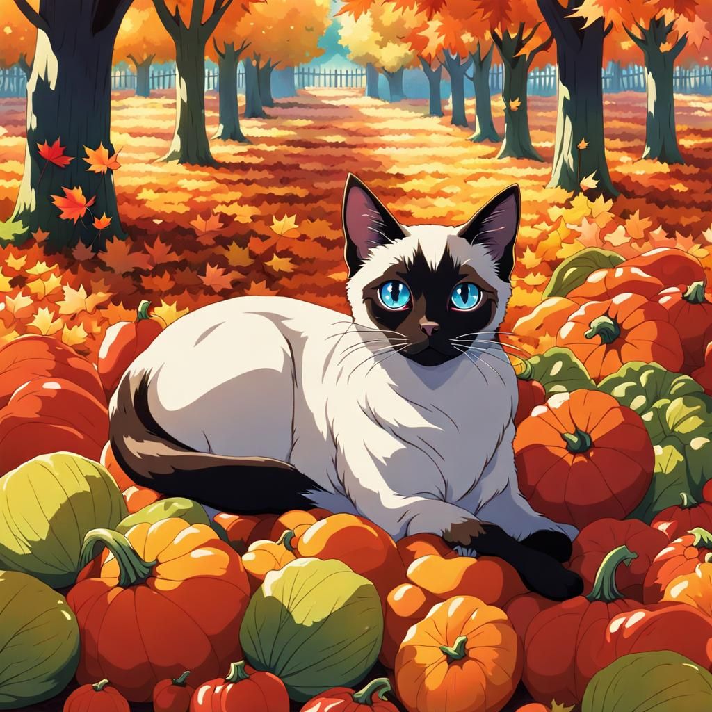 Siamese Cat in Autumn Garden, Anime Style