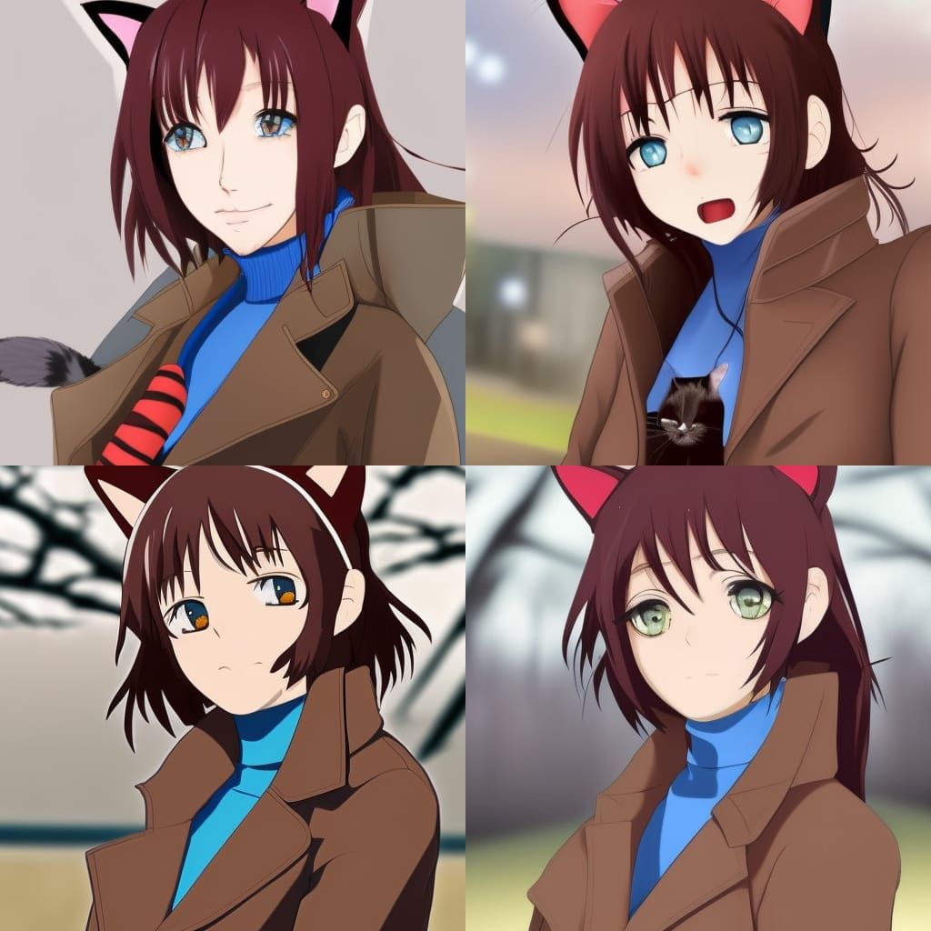 Anime Woman with Cat Features in Trench Coat