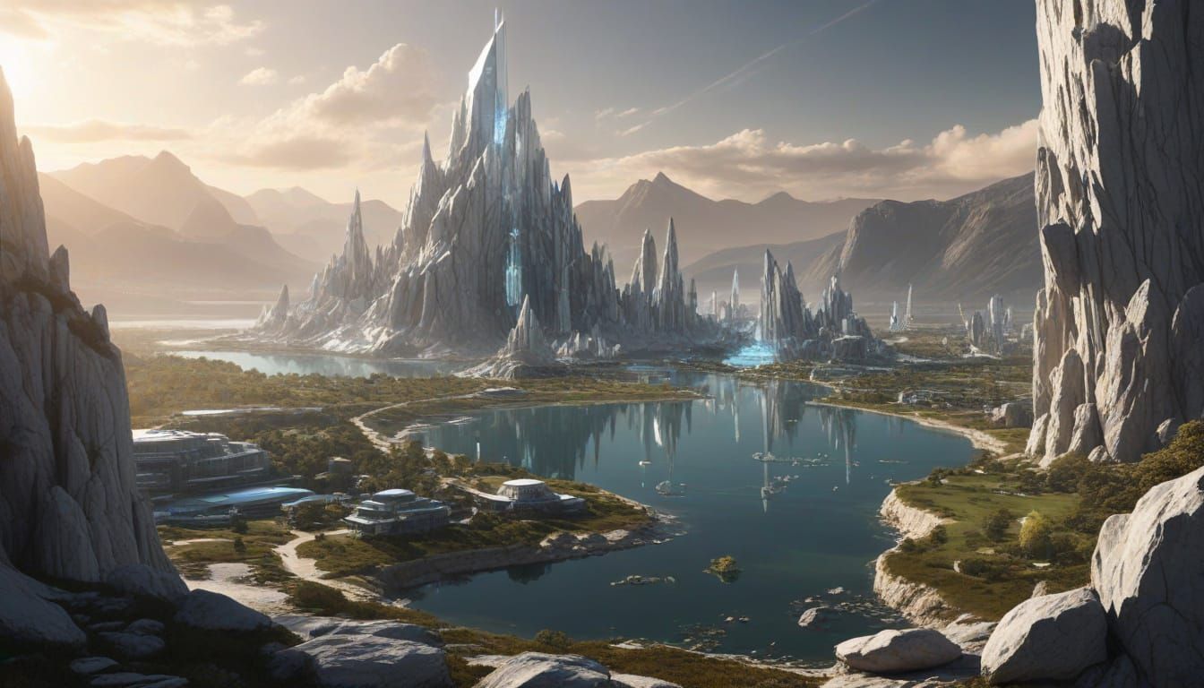 Eco-Futuristic Crystal City Amidst Majestic Mountains