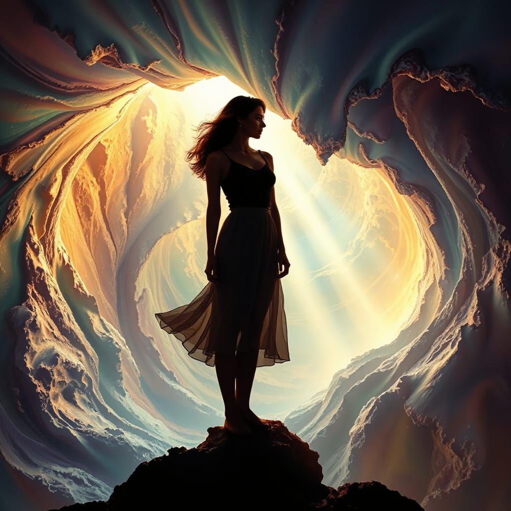 Surrealist Woman at Chasm Edge in Liquid Light