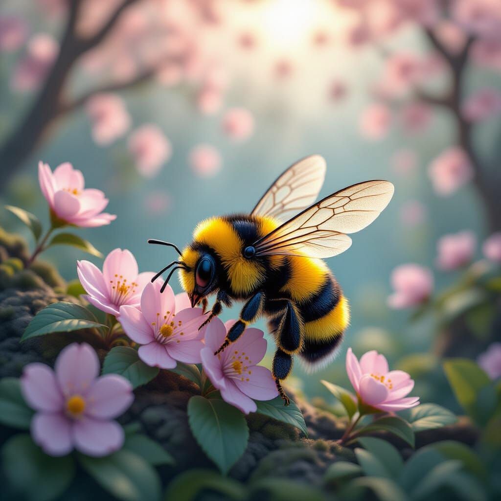 Sleepy Bumblebee in a Mystical Crystal Cherry Blossom Forest
