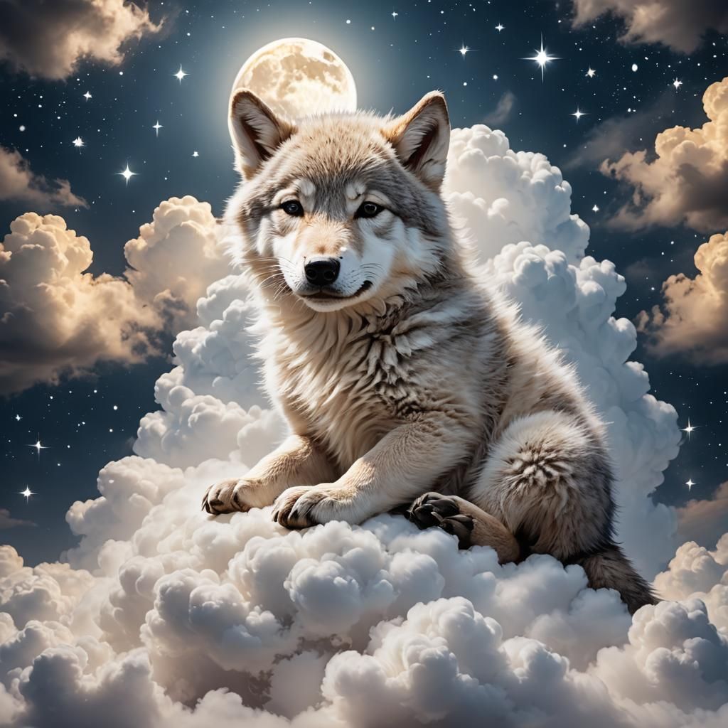 Sleeping Baby Wolf on a Cloud