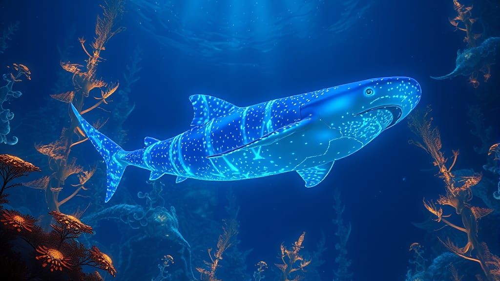Bioluminescent Whaleshark in a Cyberpunk Kelp Forest