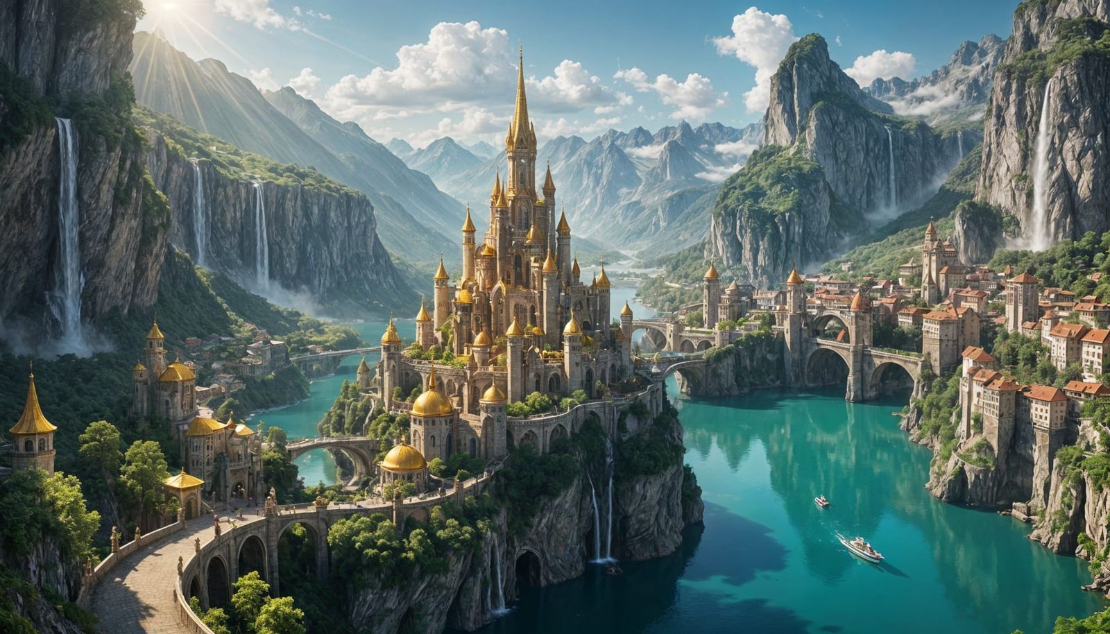 Fantasy City on Cliffs with Gold Buildings and Waterfalls
