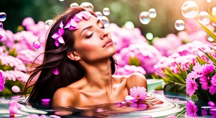 Brunette Woman in Flower-Filled Jacuzzi