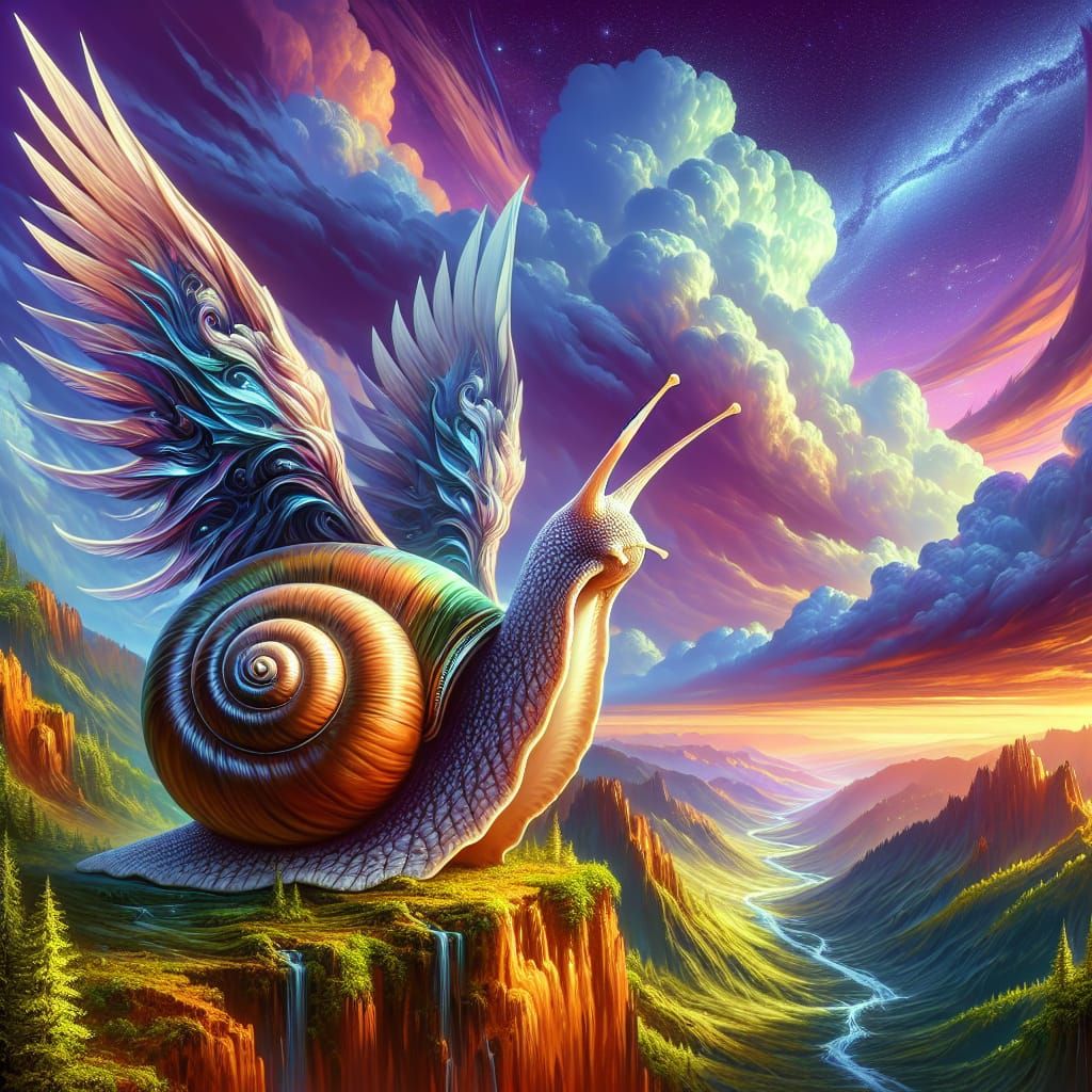 Winged Snail in Surreal Valley: Hyperrealistic Artwork