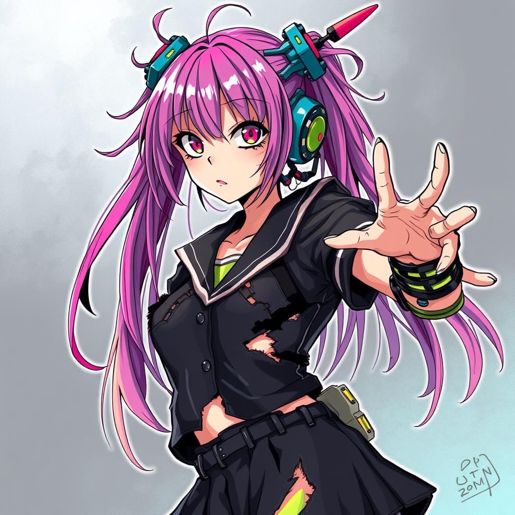 Cybernetic Manga Girl in Torn School Uniform