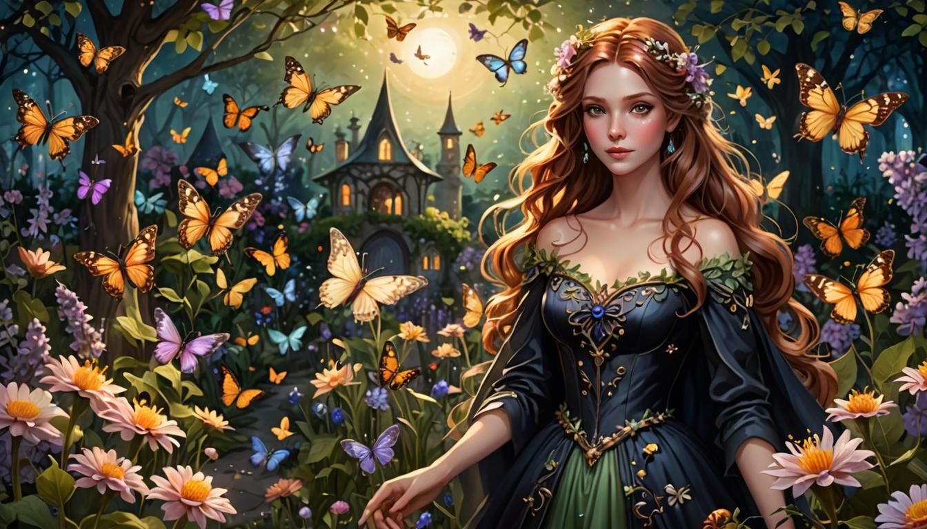 Beautiful Witch in Her Magical Flower Garden