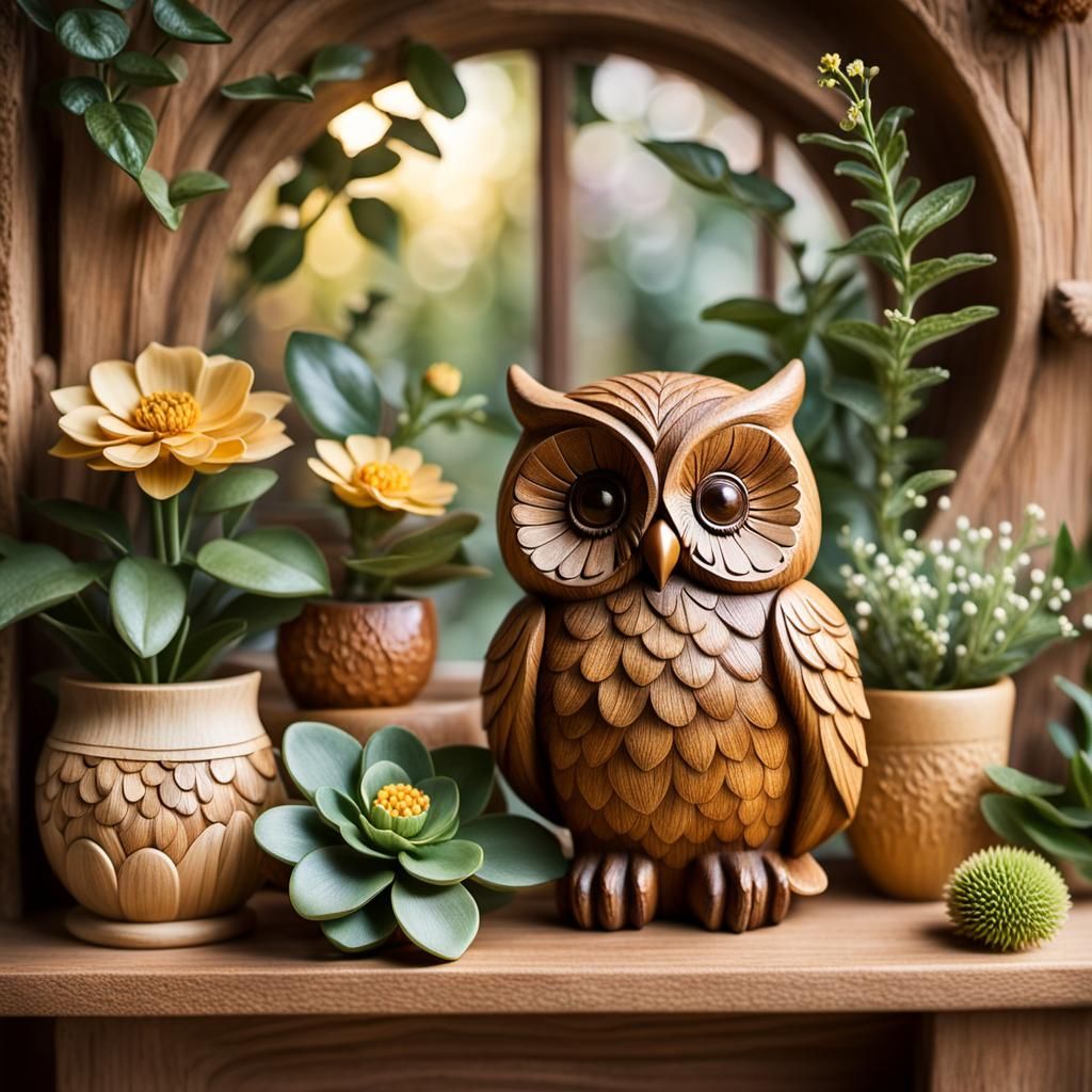 Hand-Carved Wooden Owl Figurine in Cottage Setting