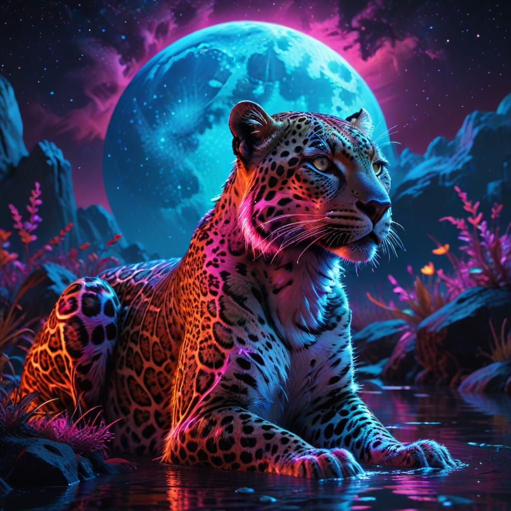 Majestic Neon Leopard Drinks Under Bright Moon