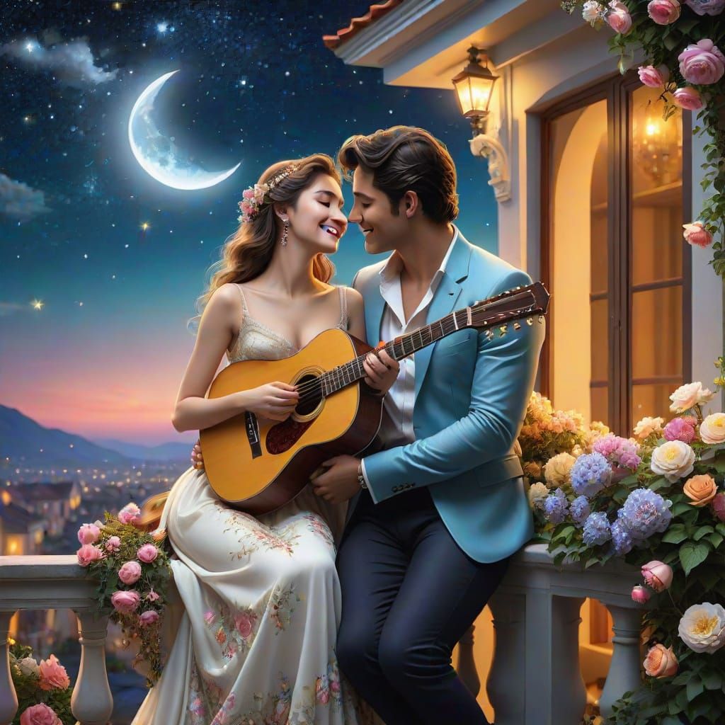 Romantic Night Serenade Under a Balcony with Flowers