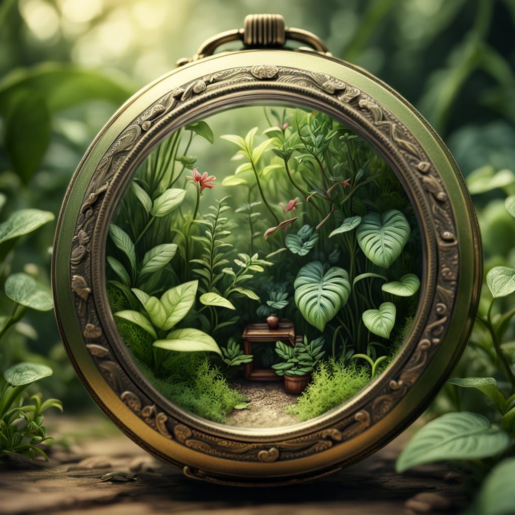 Miniature Jungle Inside Vintage Locket as Detailed Drawing
