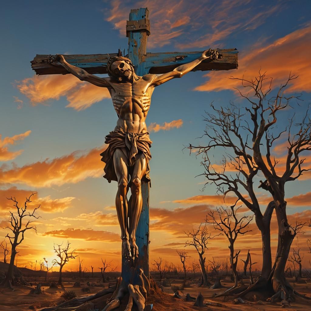Christ on Cross in Surreal Desert Landscape