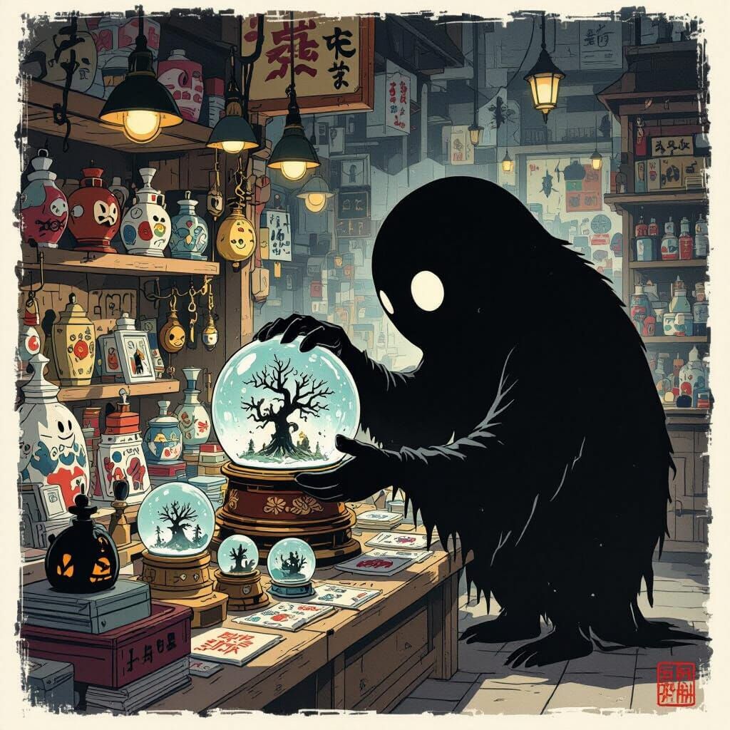 Amorphous Creature Shops for Odd Souvenirs in Dimly Lit Stor...