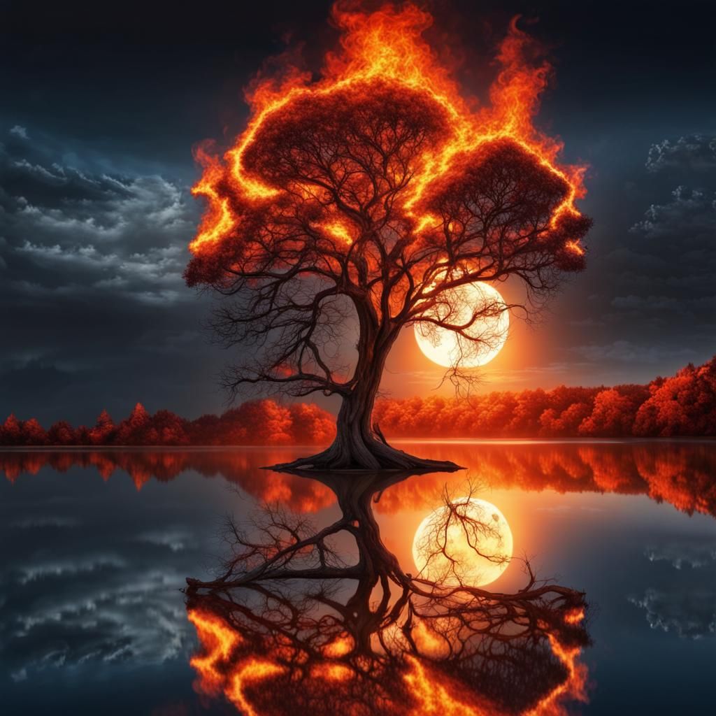 Majestic Tree on Fire Reflected in Lake