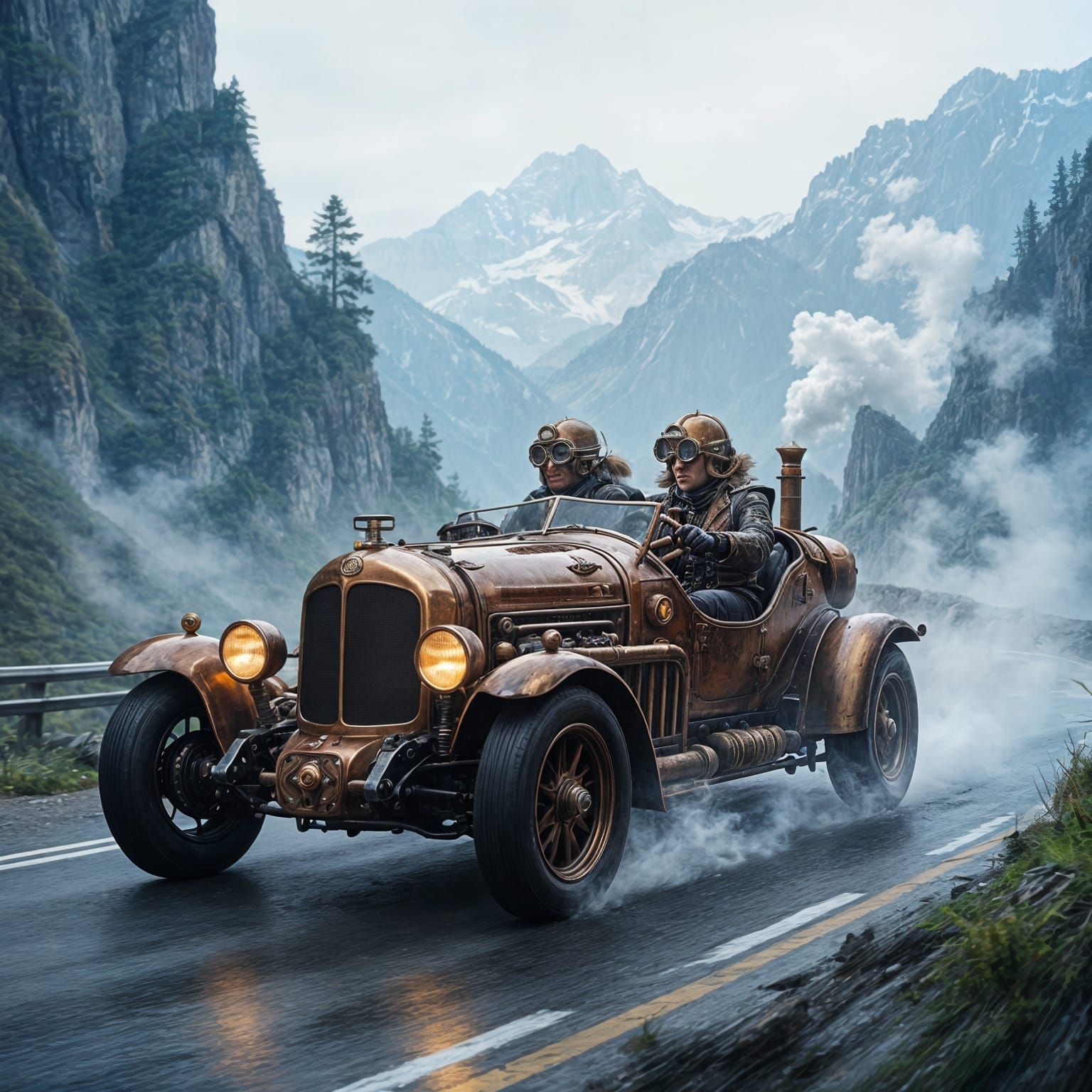 Steampunk Car Race Through Misty Mountains