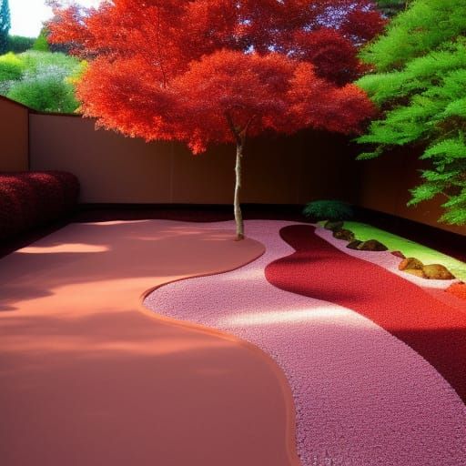 Red Sand Zen Garden with Cherry Trees