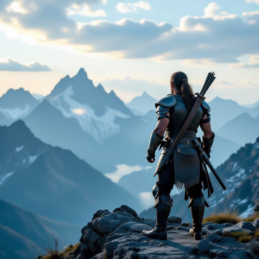 Warrior on Mountain Peak in Retro Sci-Fi Style