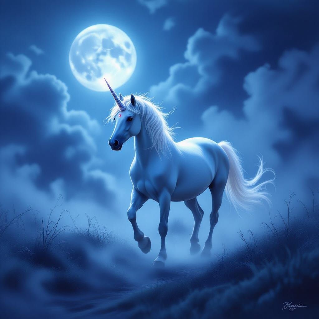 Majestic Unicorn in Moonlit Fog, Fantasy Art