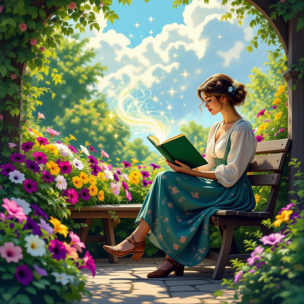 Writer with Magic Pen in Lush Garden, Fantasy Concept Art
