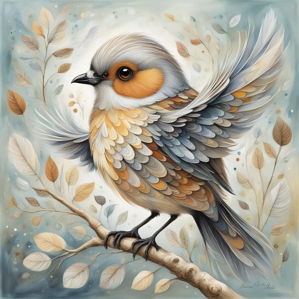 Cute Bird in Flight, Detailed Ink Drawing