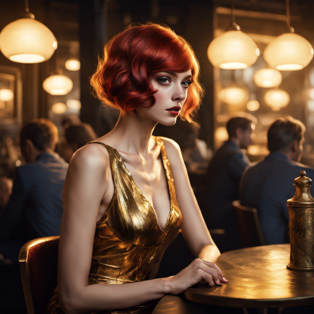 Redhead Flapper in Gold Cafe, Dramatic Lighting
