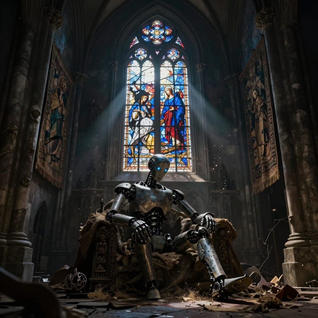 Ancient Robot in Moonlit Gothic Cathedral