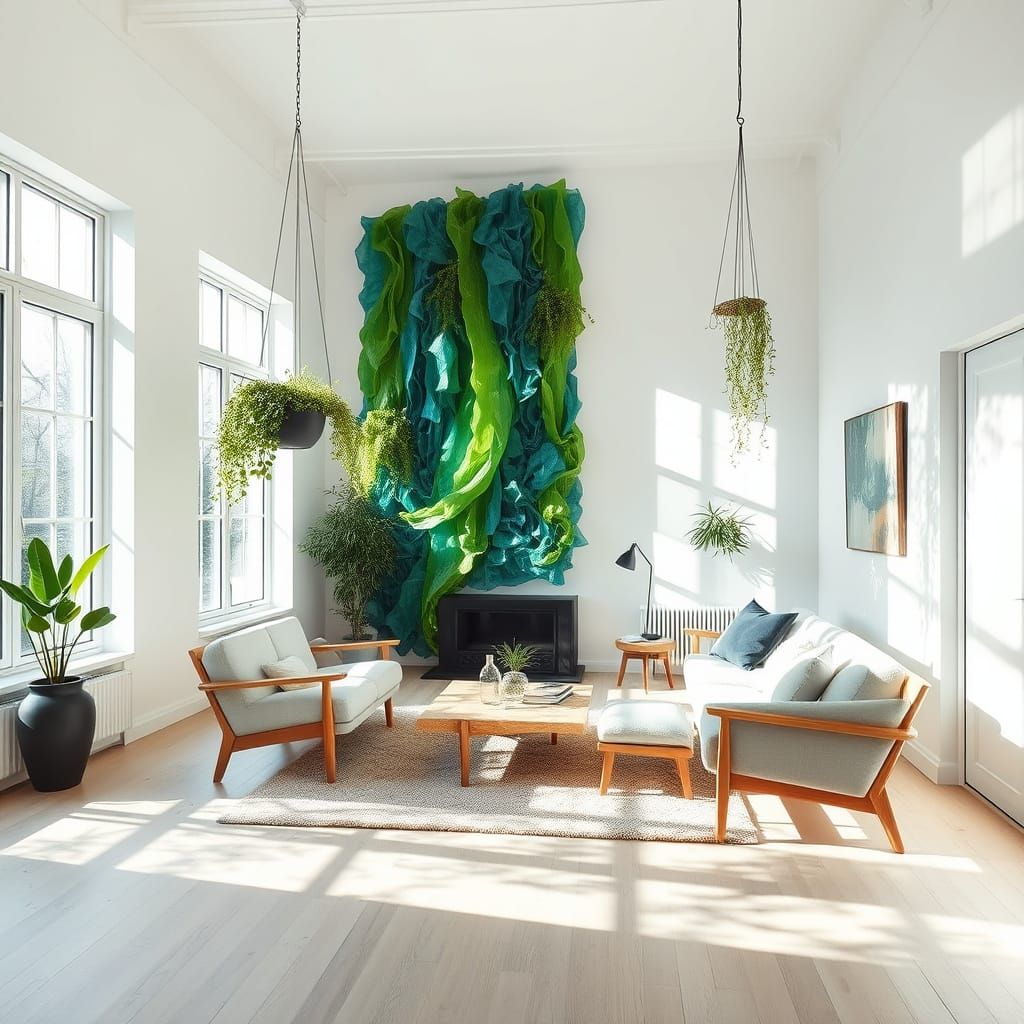 Minimalist Scandinavian Living Room with Eco-Art Installatio...