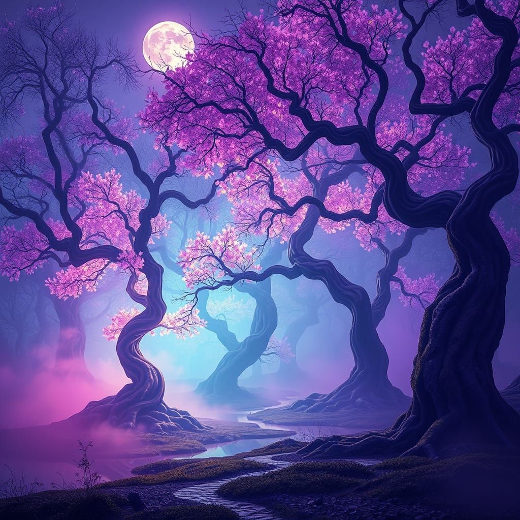 Dreamlike Celestial Forest Under Violet Moonlight