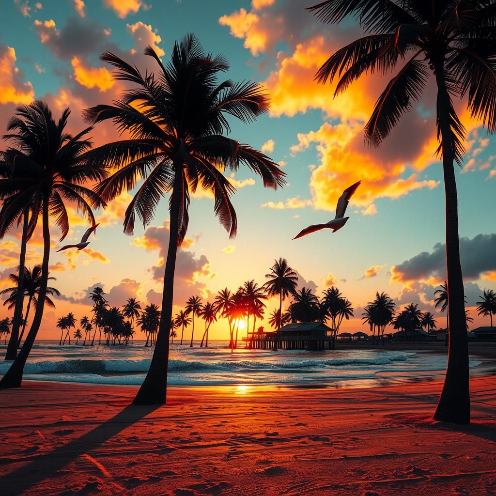 Sunset Beach with Palm Trees: Hyperdetailed Splash Art