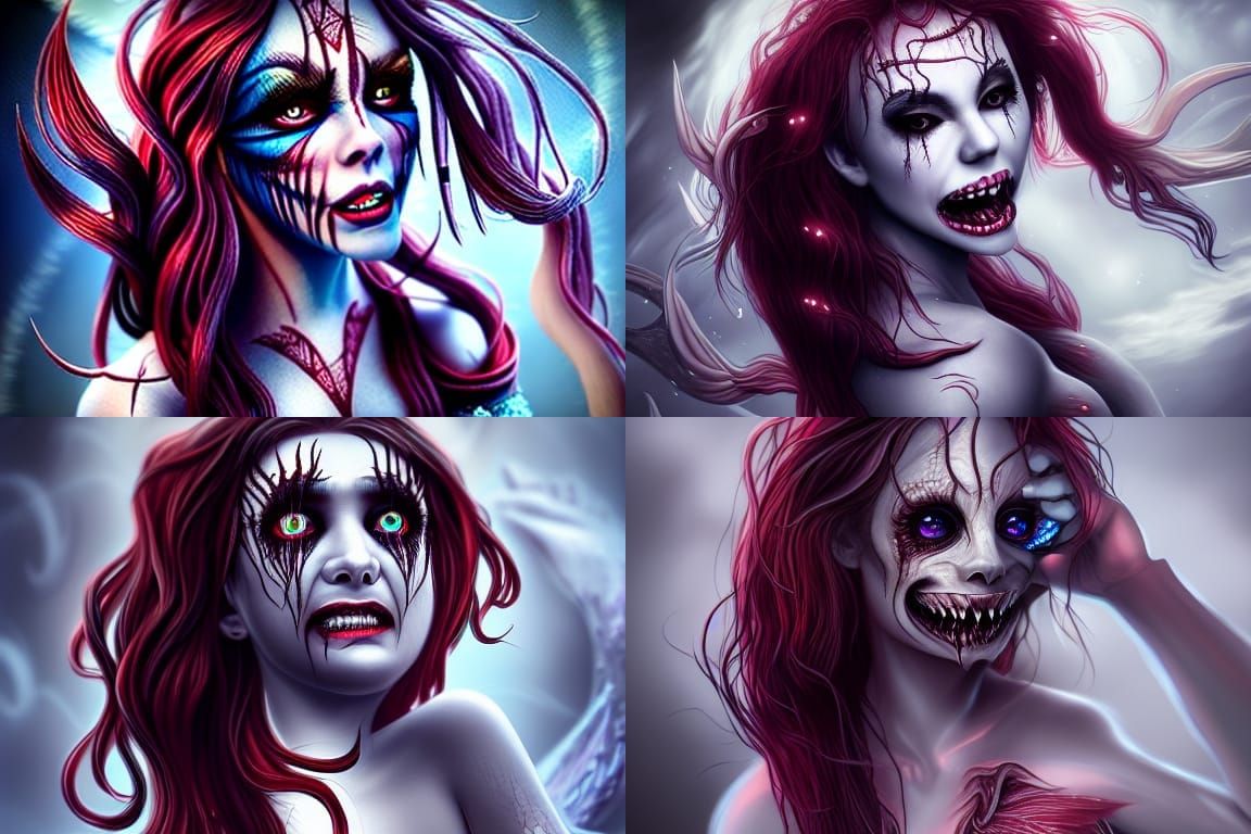 Fanged Mermaid with Glowing Eyes: Horror Digital Art