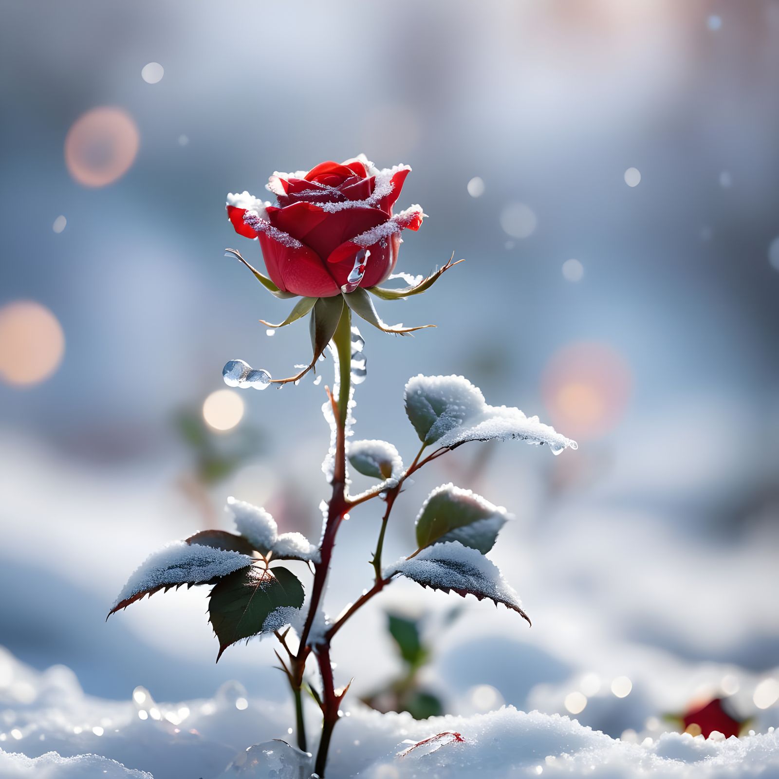 Single Red Rose Emerges from Ice, Photography