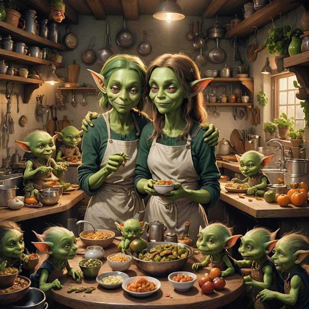 Cozy Kitchen Scene with Woman and Goblins