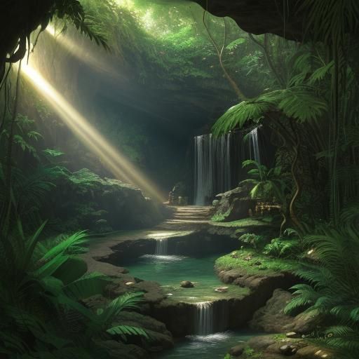 Jungle Cave Hideout with Waterfall and Sunrays