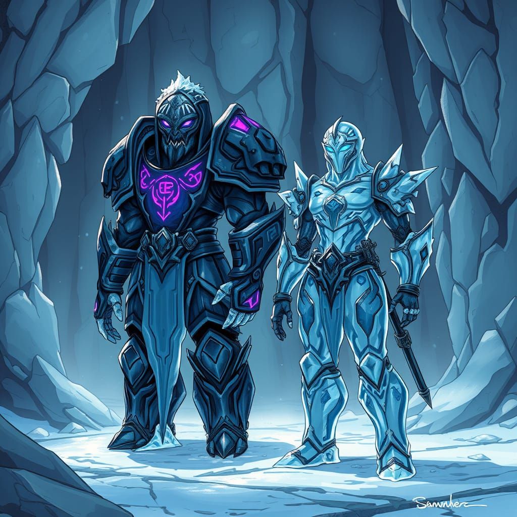 Intricately Crafted Ice Armor Guardians in Ancient Ruins
