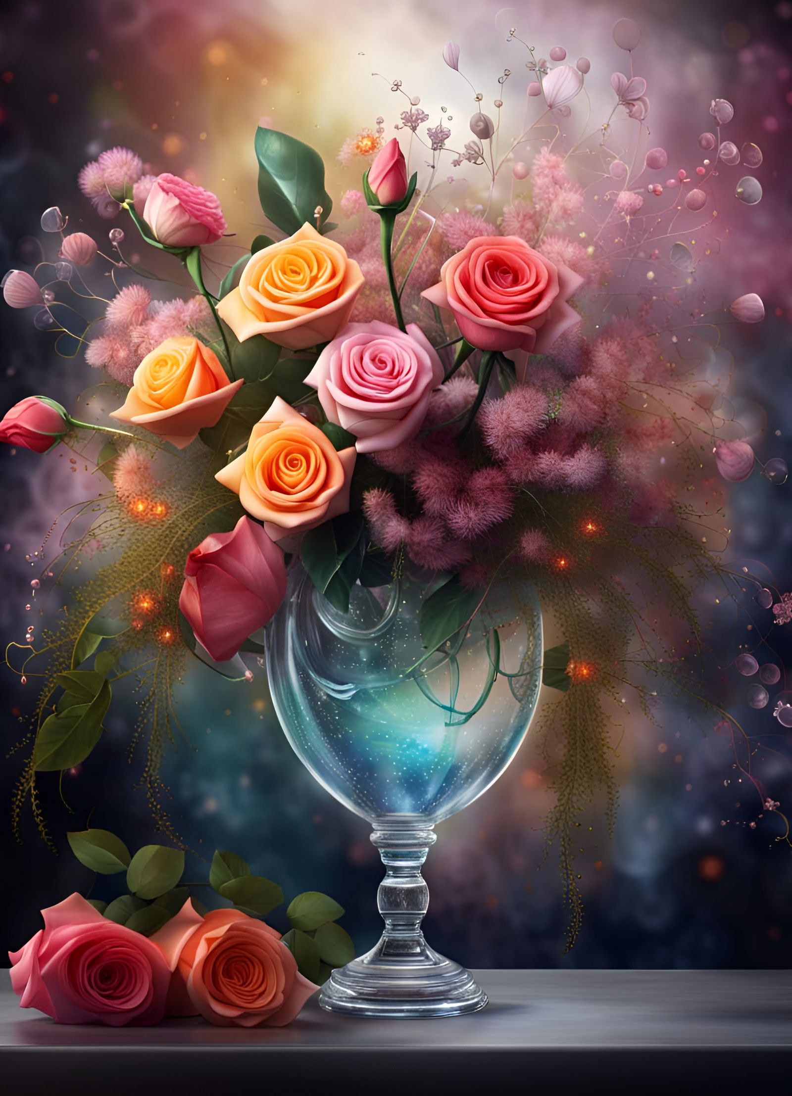 Exotic Flowers and Roses in Glass Vase