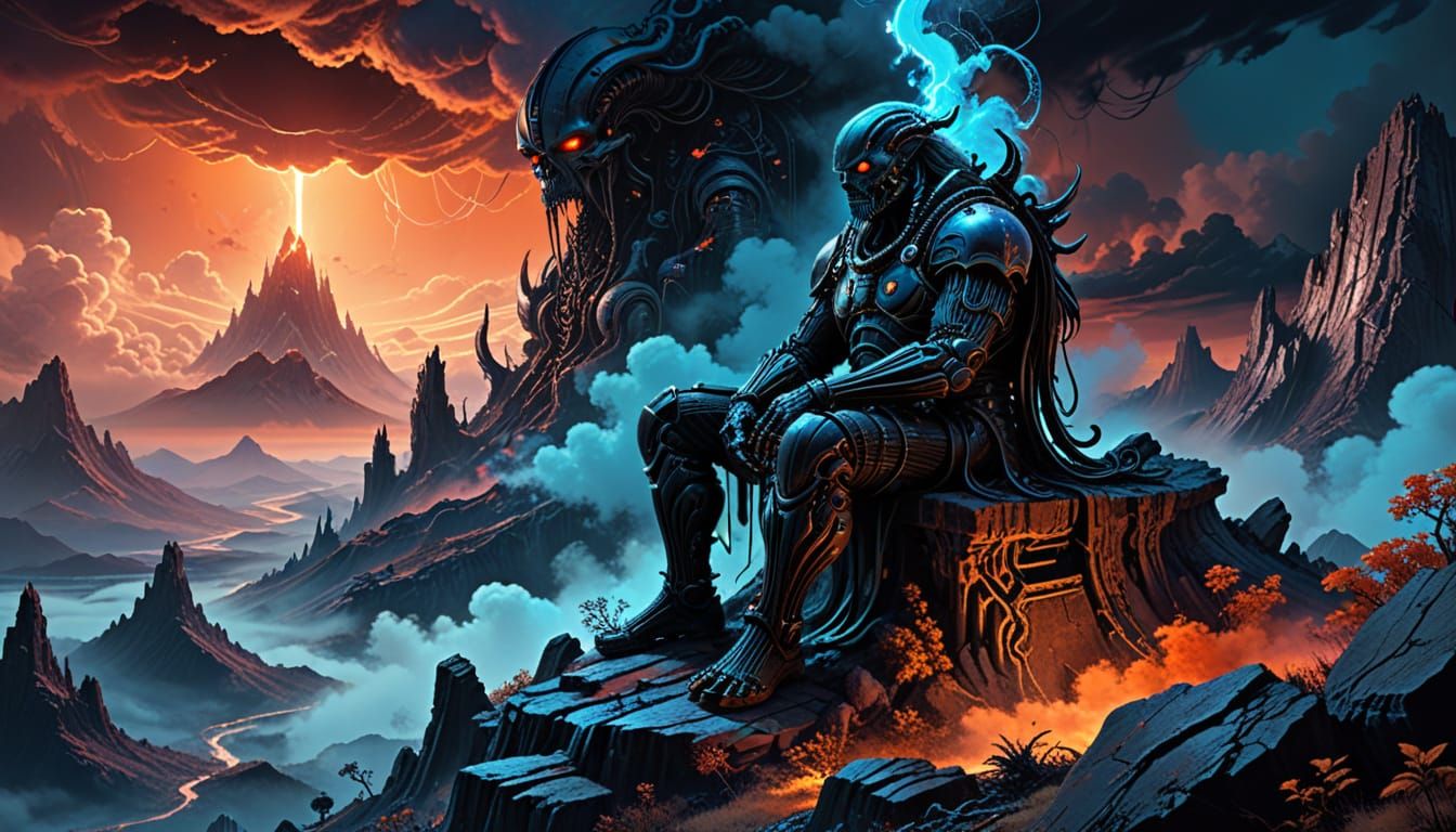 Wise Figure on Mountain Top with Cosmic Horror Elements