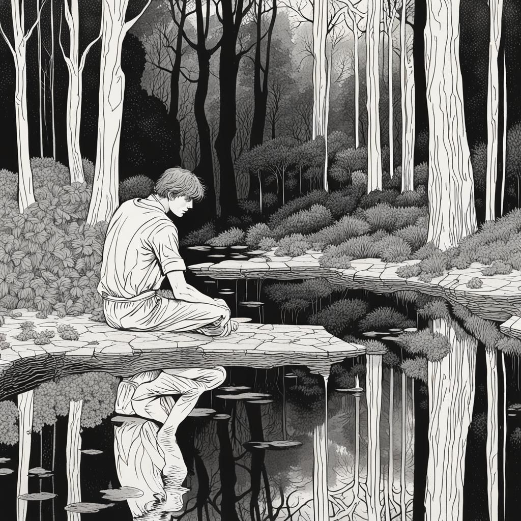 Narcissus Gazing at His Reflection in Forest Pool