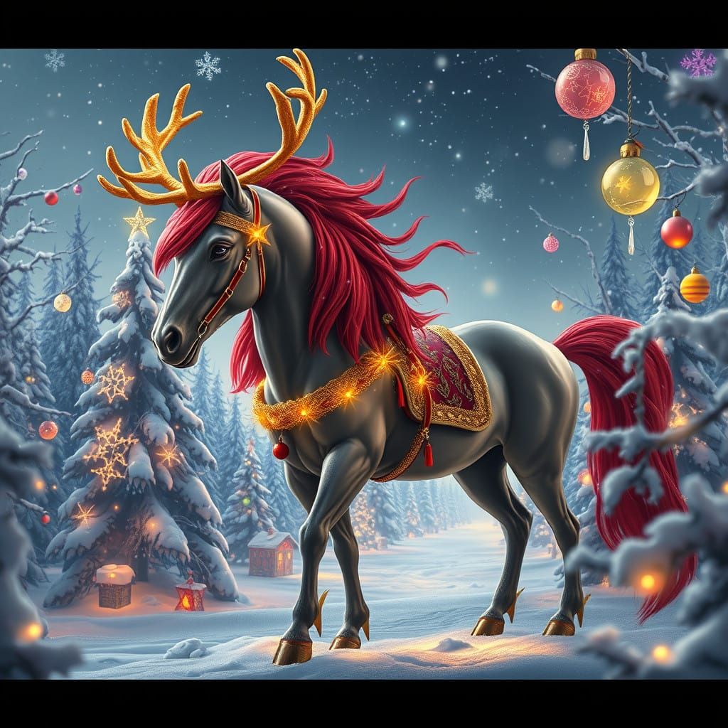 Majestic Christmas Horse in Whimsical Winter Wonderland