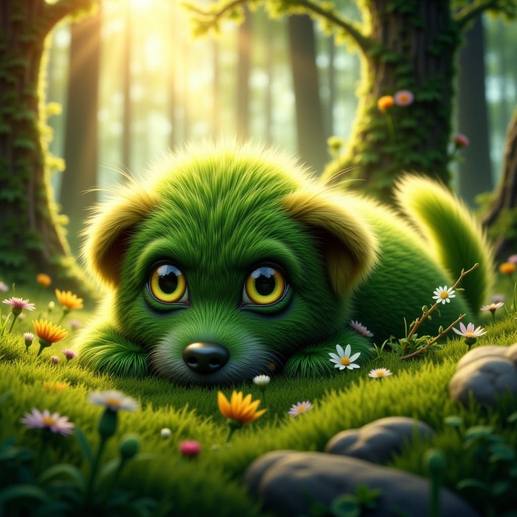 Moss Puppy with Wildflower Eyes on Forest Floor